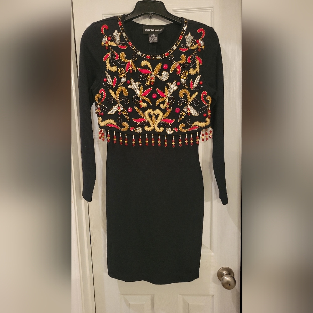 Andrea Jovine Black Dress with Gold and Red Embellishments